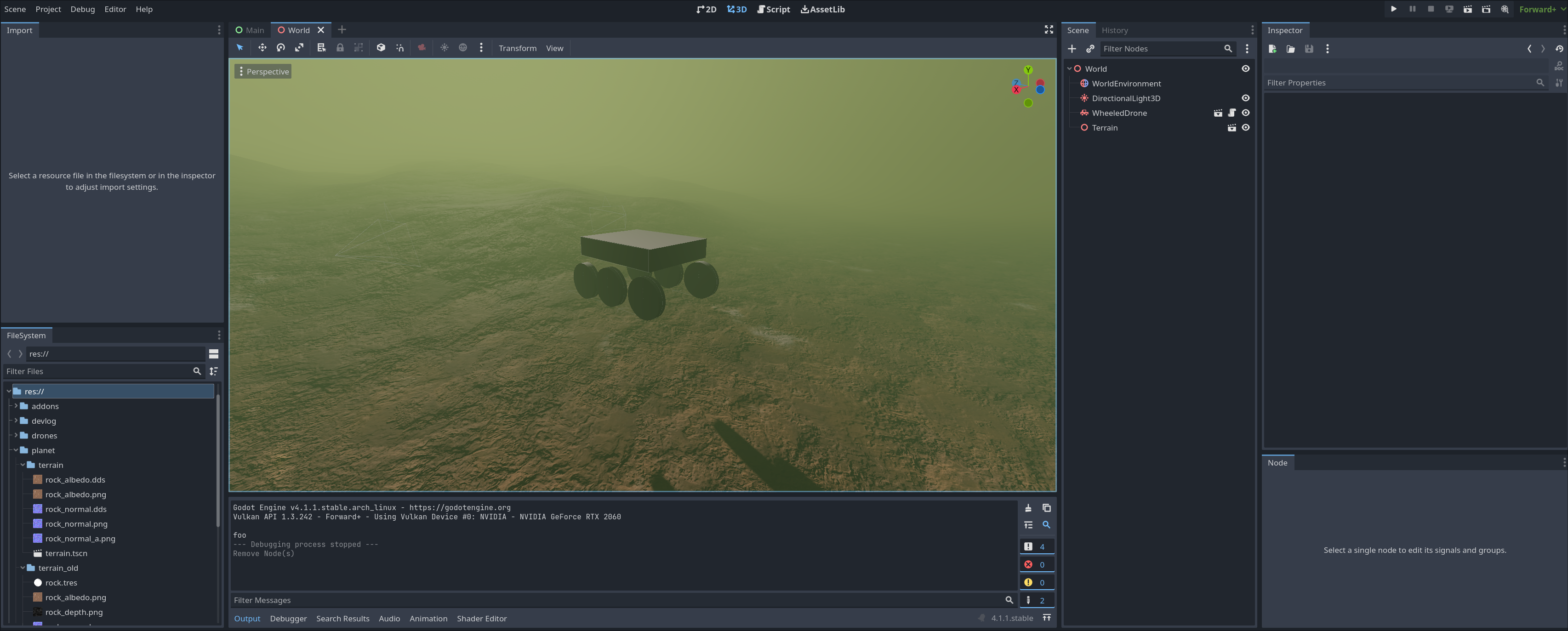 Screenshot from the Godot editor showing a rover made of simple shapes