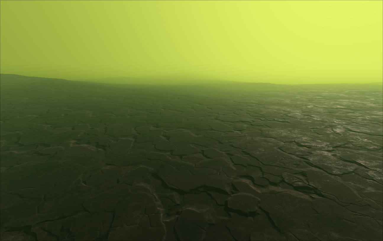 In-game picture of the planet surface with black rocks and thick green fog