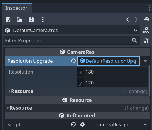 Screenshot from the Godot editor showing Camera resource being edited