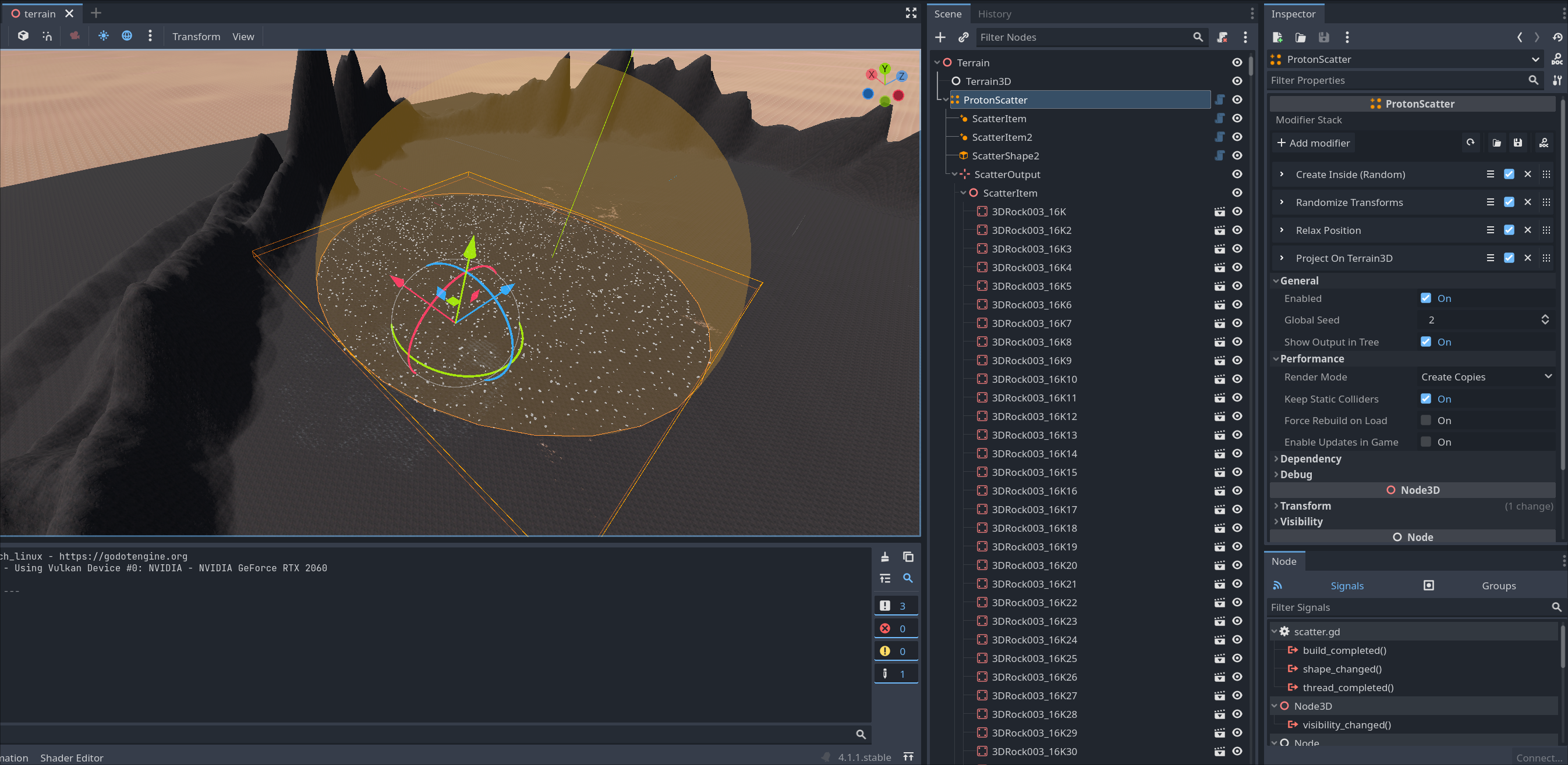 Screenshot from the Godot editor showing ProtonScatter nodes