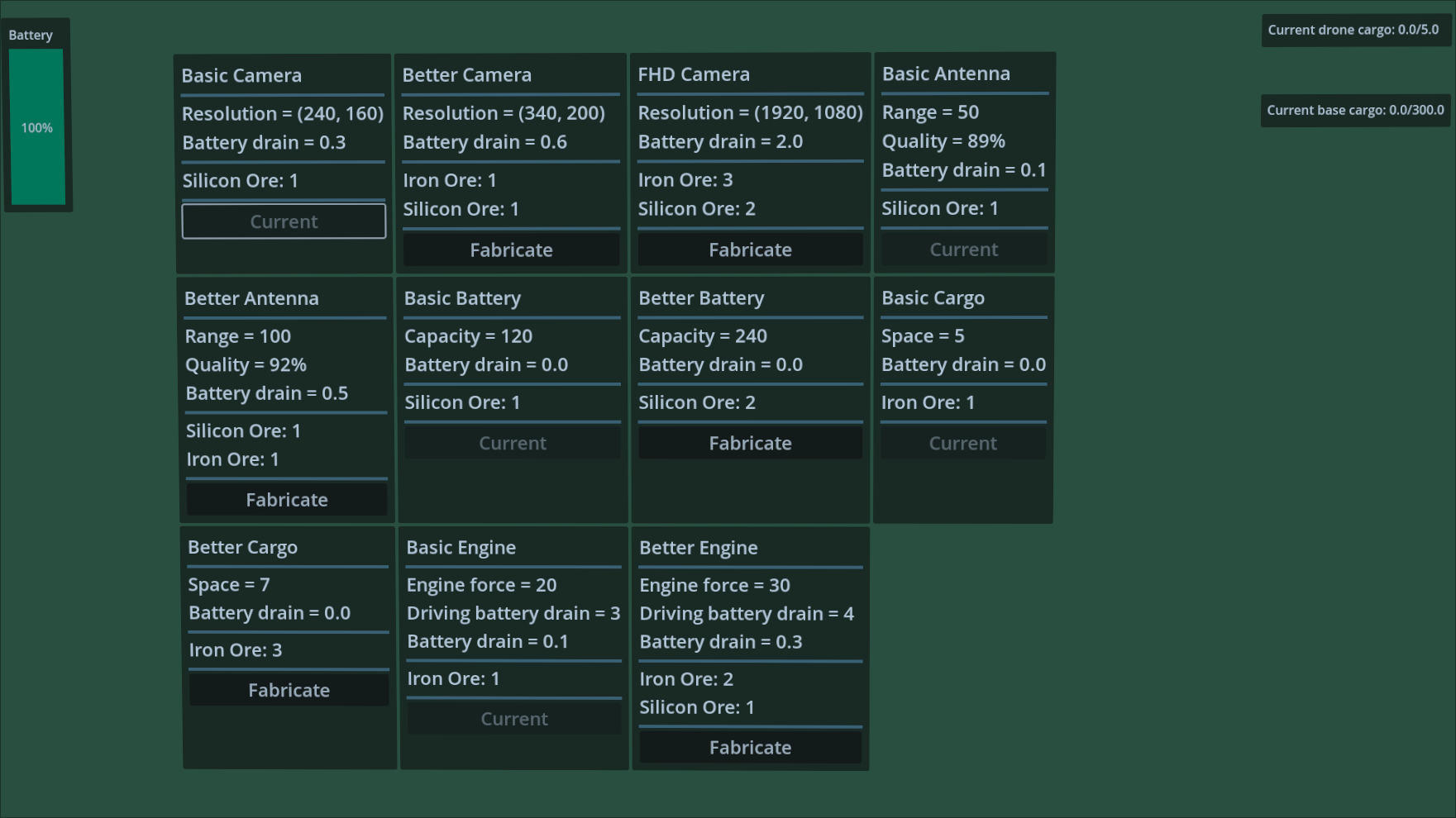 UI showing a list of upgrades to fabricate