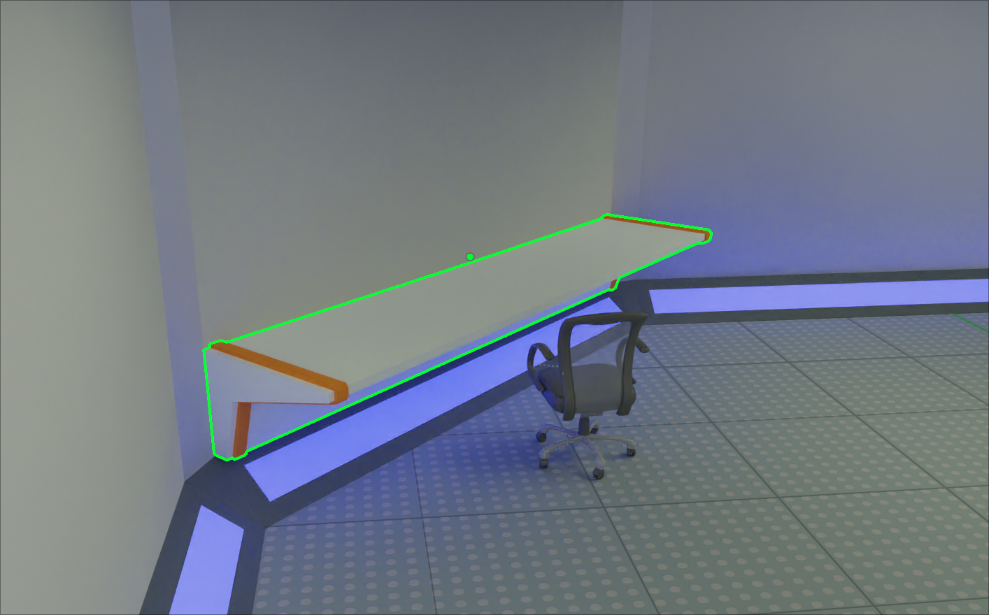 Screenshot from Blender of a scifi-looking white desk with orange details